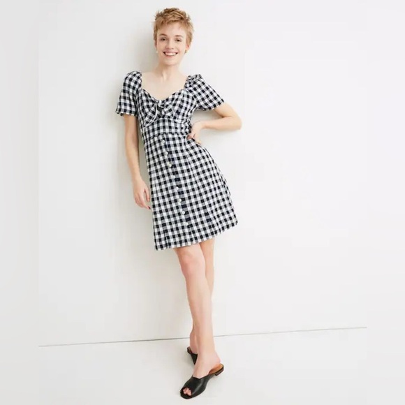 NWT Madewell Navy & White Gingham Tie-Front Swing Dress - Picture 1 of 6